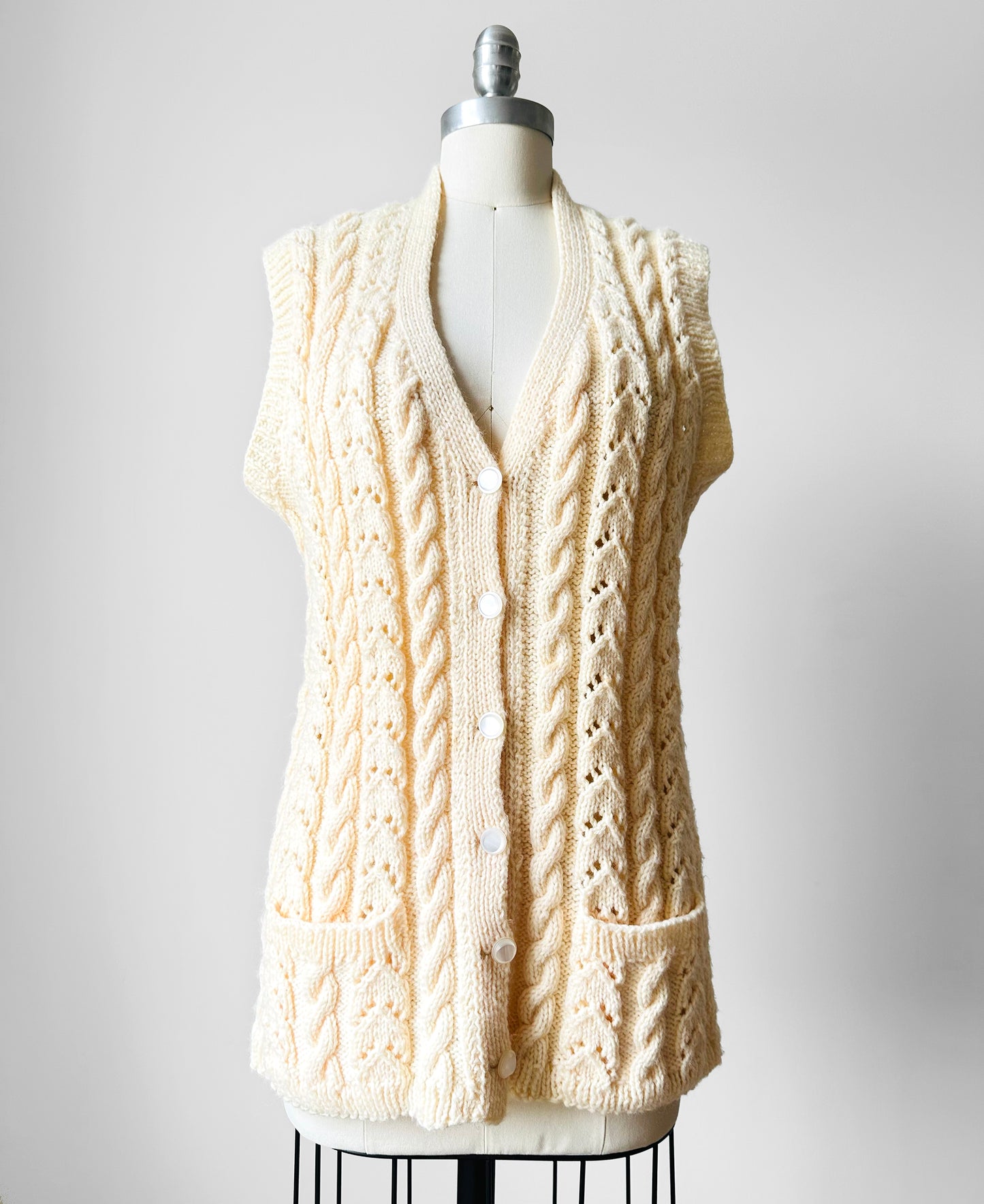 1970s Soft Butter Cream Cable Knit Cotton Blend Knit Vest - Sz. S/M