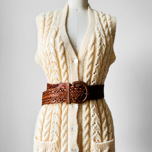 1970s Soft Butter Cream Cable Knit Cotton Blend Knit Vest - Sz. S/M