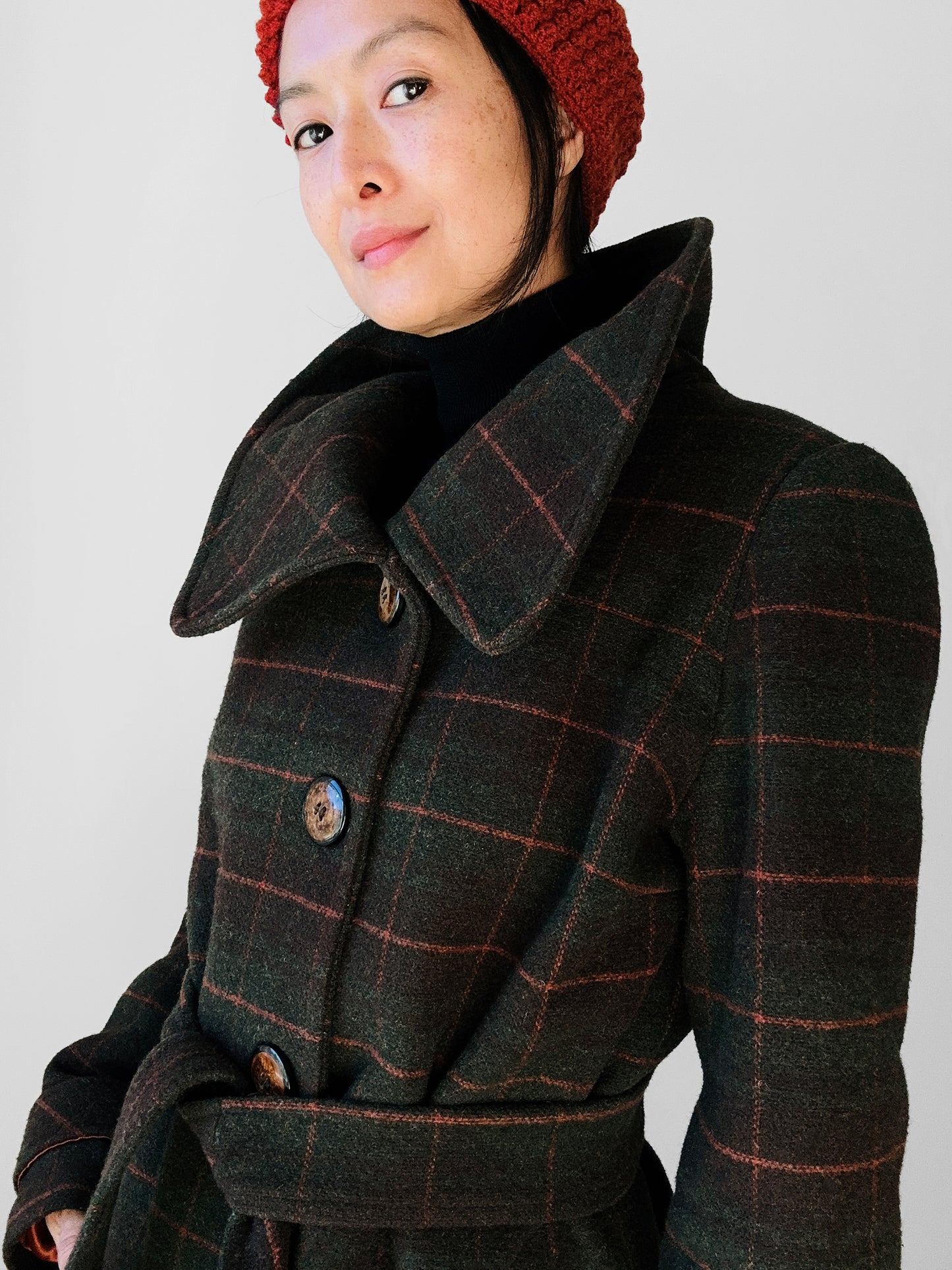 1960s Green and Burnt Orange Plaid Wool Belted Coat - Sz. Small