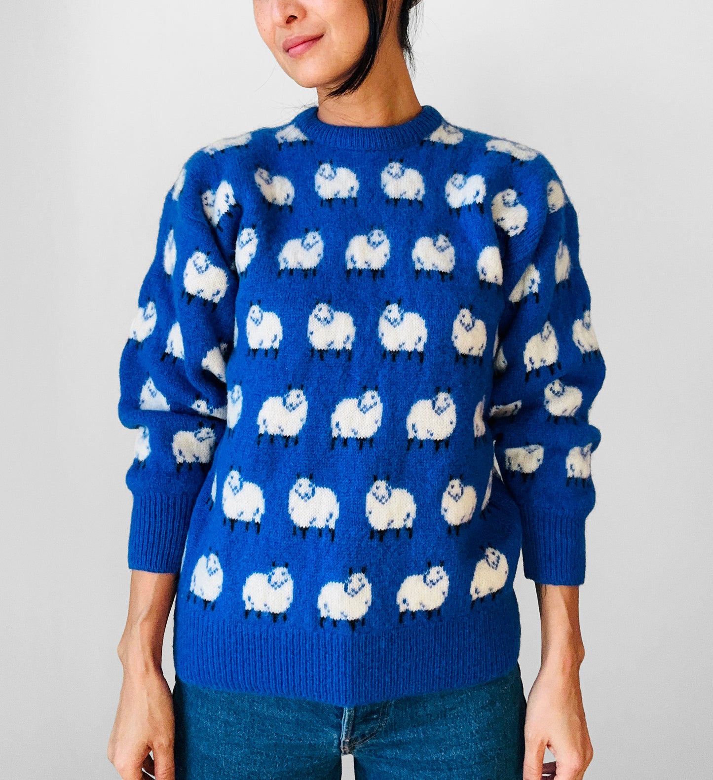 Hand Mended Blue and White Sheep Wool Pullover Sweater - XS/S