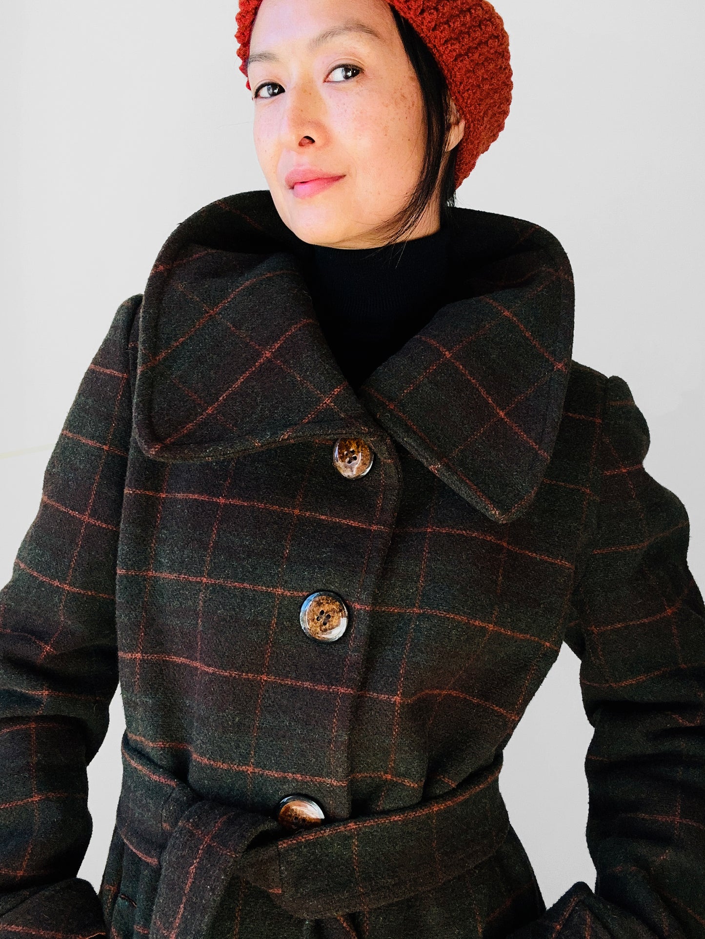 1960s Green and Burnt Orange Plaid Wool Belted Coat - Sz. Small