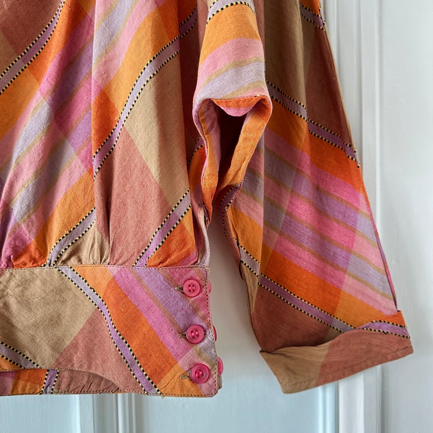 1980s Pink and Gold Large Plaid Print Cotton Shirt -  Sz. XS / S