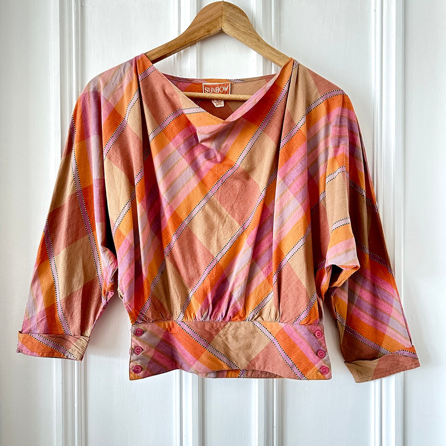 1980s Pink and Gold Large Plaid Print Cotton Shirt -  Sz. XS / S