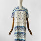 Vintage 1960s Purple and Blue Floral Drop-Waist Cotton Linen Short Sleeve Dress with Inverted Pleat - Sz. S/M