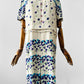 Vintage 1960s Purple and Blue Floral Drop-Waist Cotton Linen Short Sleeve Dress with Inverted Pleat - Sz. S/M