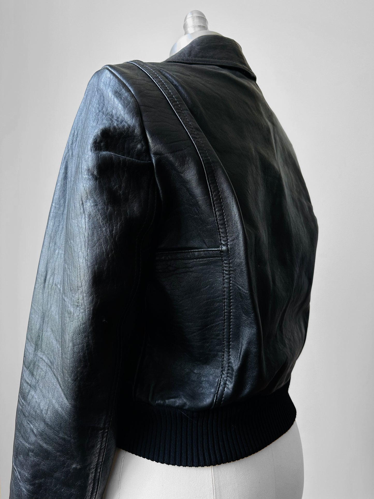 Y2K Does 70s Black Short Waisted Zip Front Leather Biker Jacket - Sz. Sm