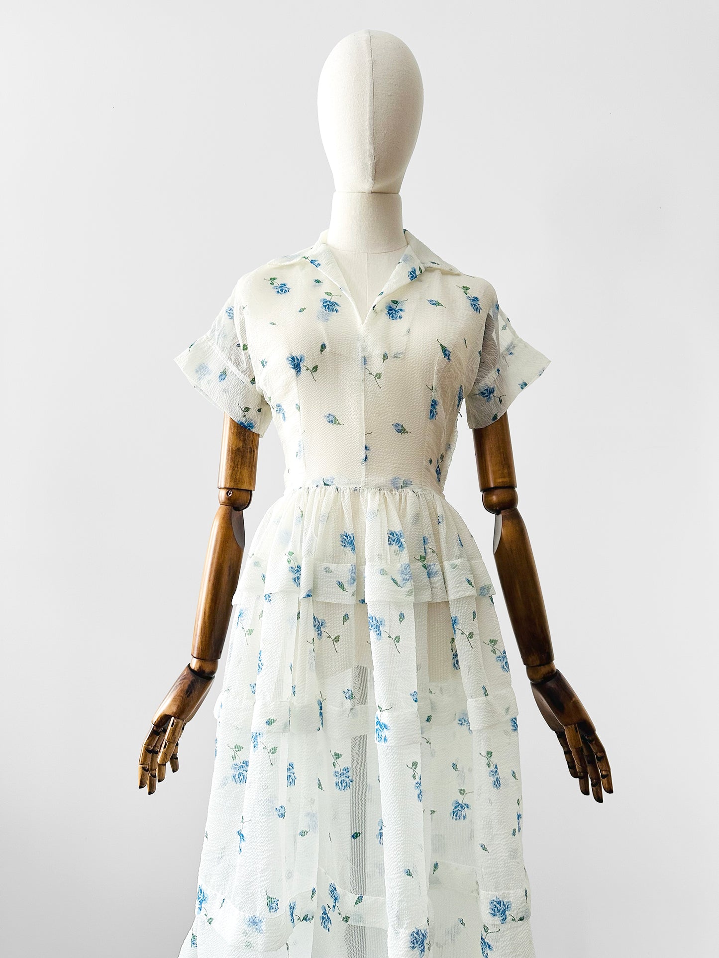 Vintage 1950s - 1960s Handmade White and Blue Sheer Crinoline Floral Tiered Dress - Sz. S