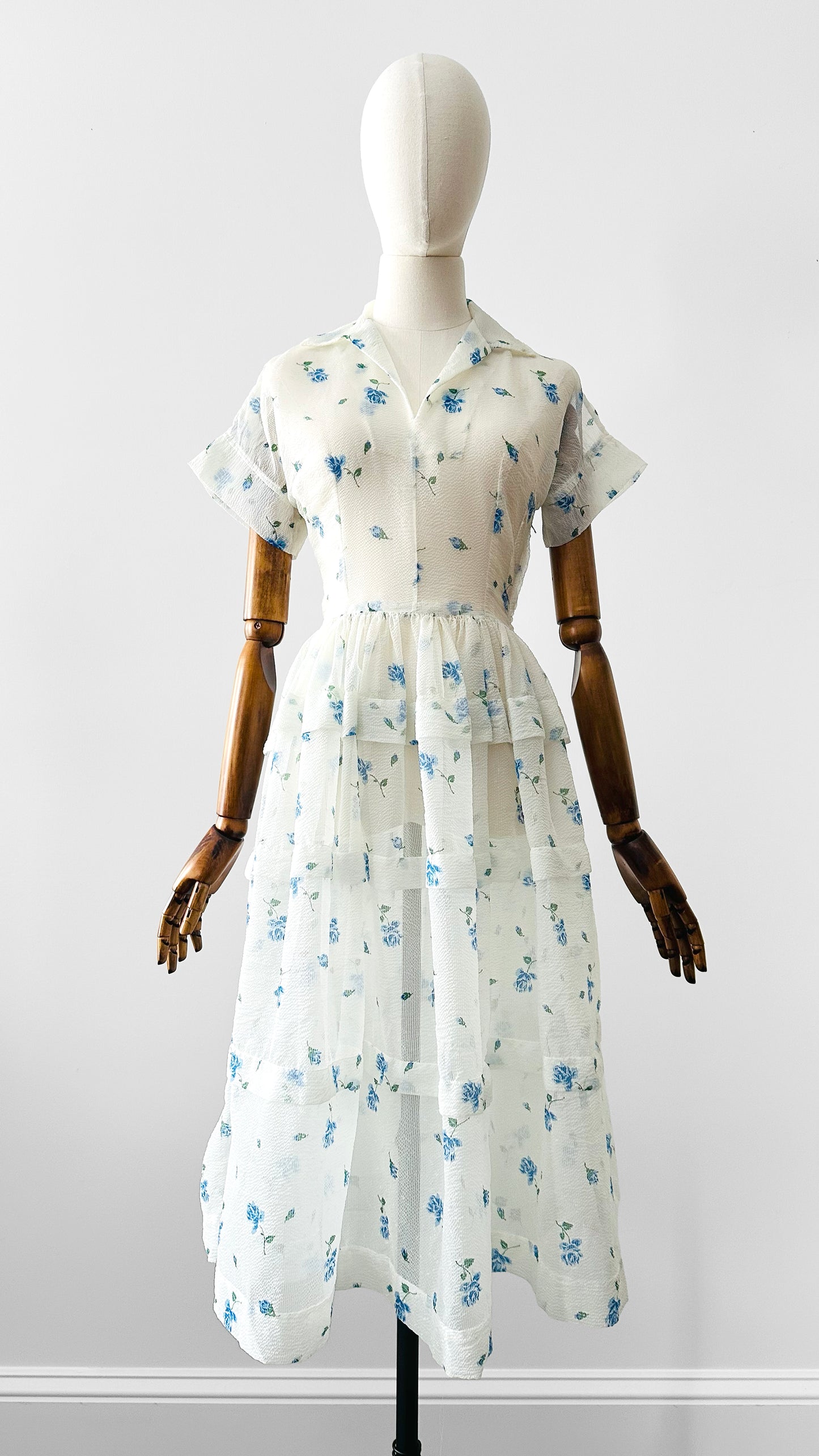 Vintage 1950s - 1960s Handmade White and Blue Sheer Crinoline Floral Tiered Dress - Sz. S