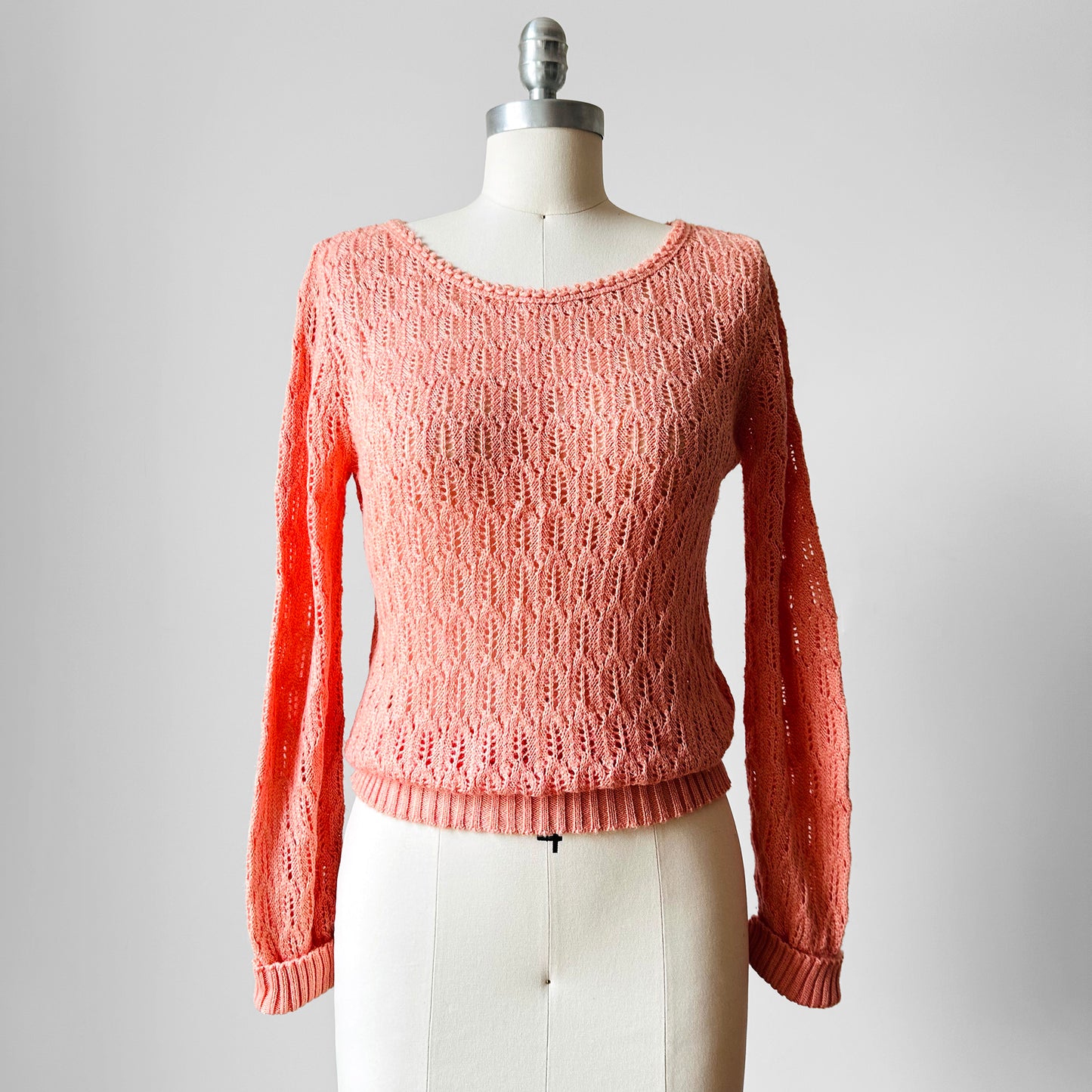 1970s Rose Pink Long Sleeve Delicate Knit Top - Sz. S