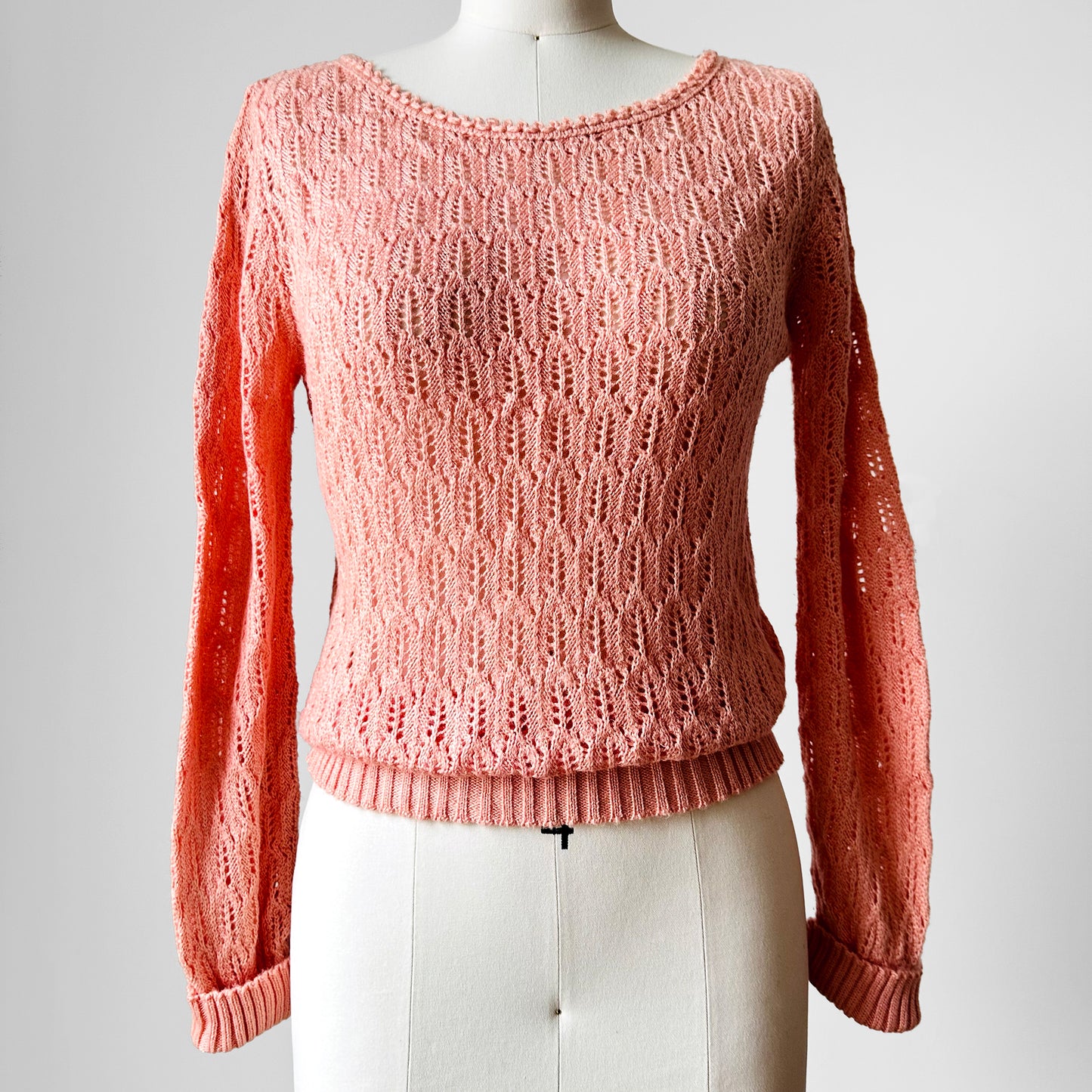 1970s Rose Pink Long Sleeve Delicate Knit Top - Sz. S