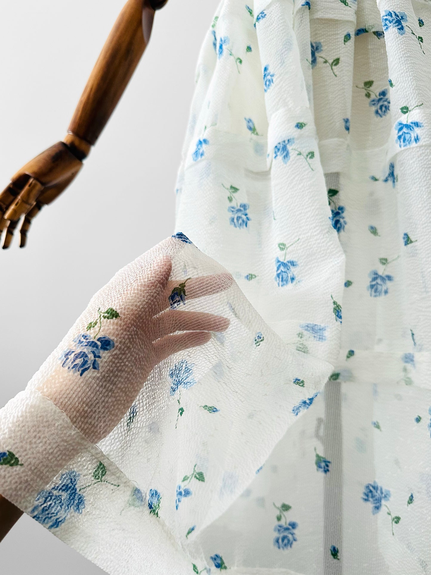 Vintage 1950s - 1960s Handmade White and Blue Sheer Crinoline Floral Tiered Dress - Sz. S