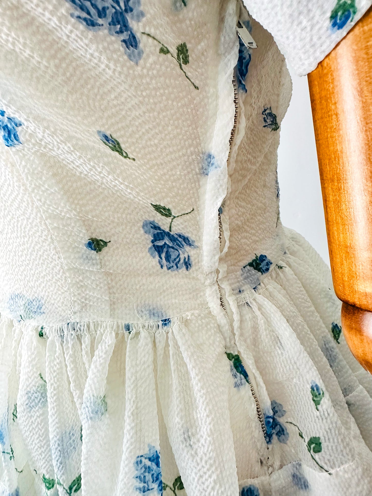 Vintage 1950s - 1960s Handmade White and Blue Sheer Crinoline Floral Tiered Dress - Sz. S