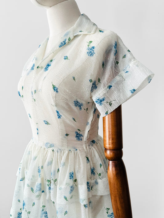 Vintage 1950s - 1960s Handmade White and Blue Sheer Crinoline Floral Tiered Dress - Sz. S