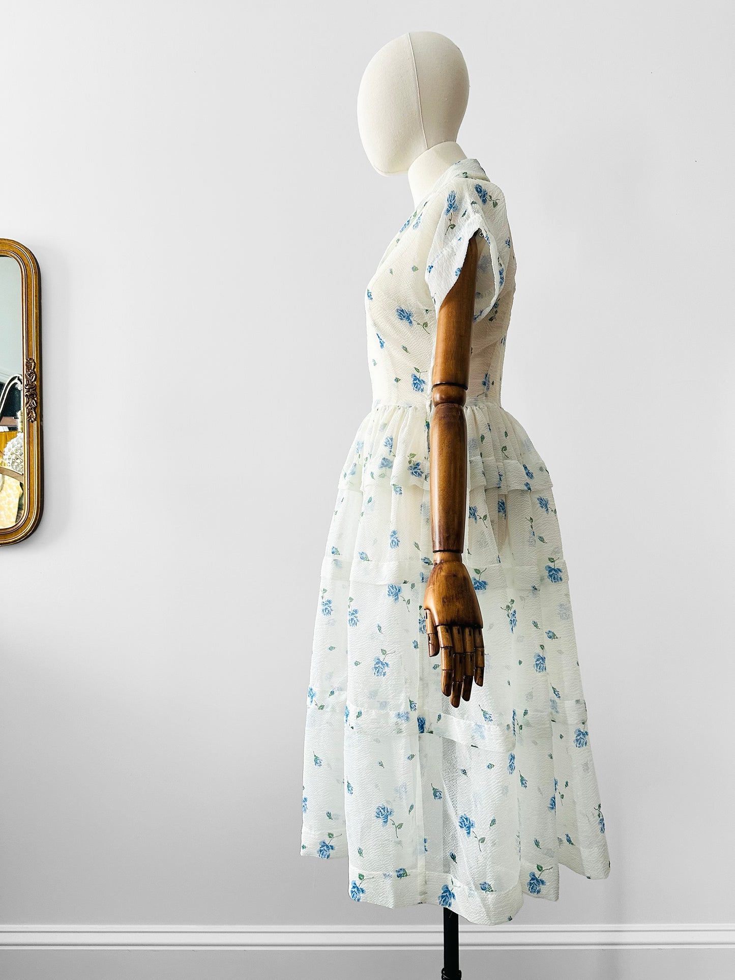 Vintage 1950s - 1960s Handmade White and Blue Sheer Crinoline Floral Tiered Dress - Sz. S