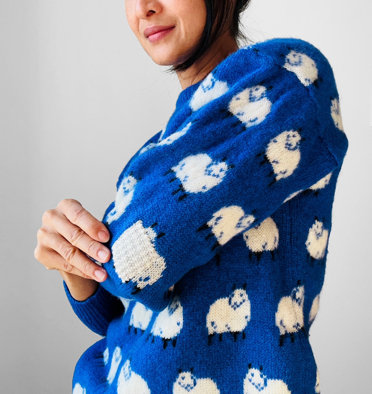 Hand Mended Blue and White Sheep Wool Pullover Sweater - XS/S