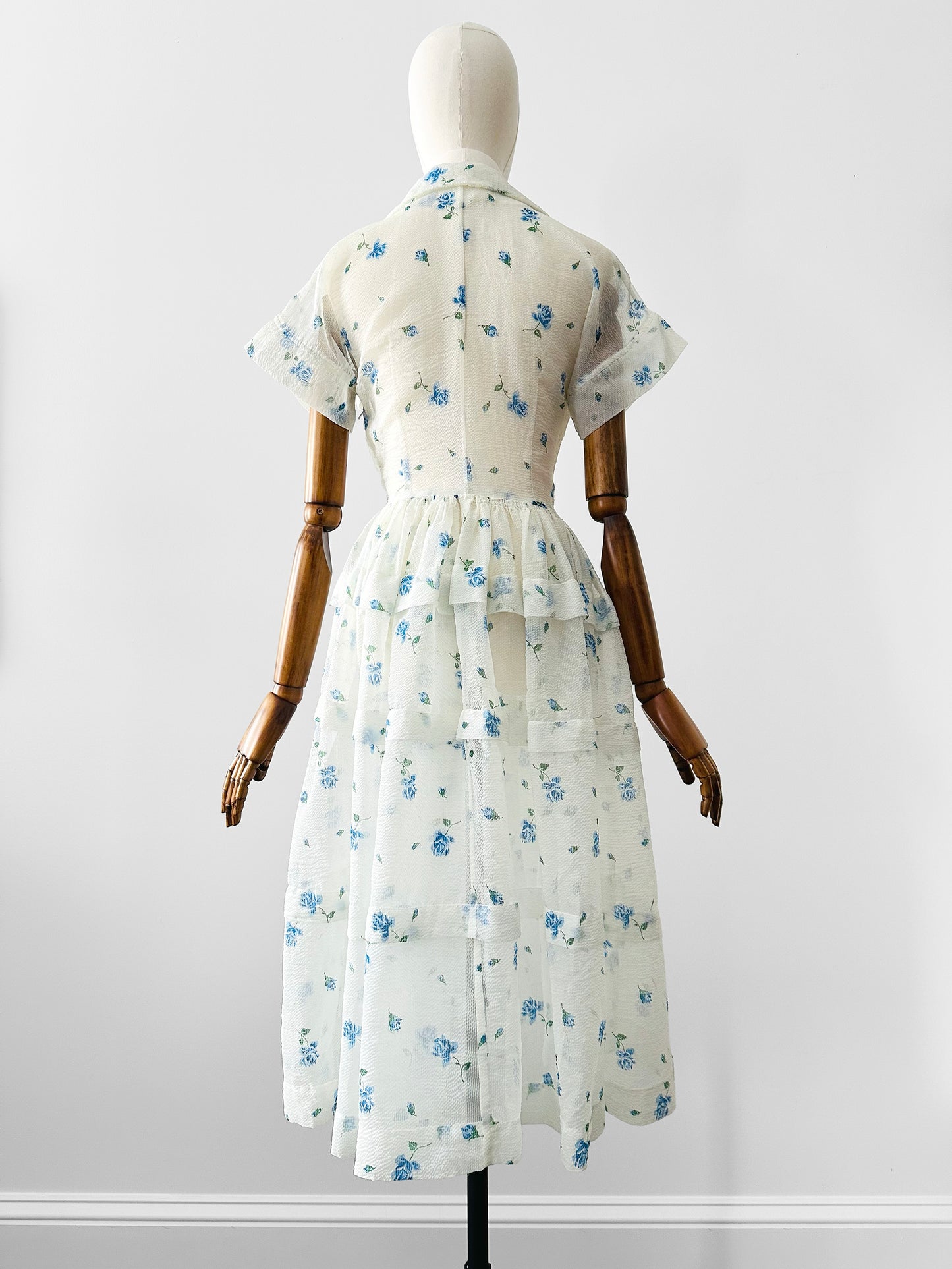 Vintage 1950s - 1960s Handmade White and Blue Sheer Crinoline Floral Tiered Dress - Sz. S