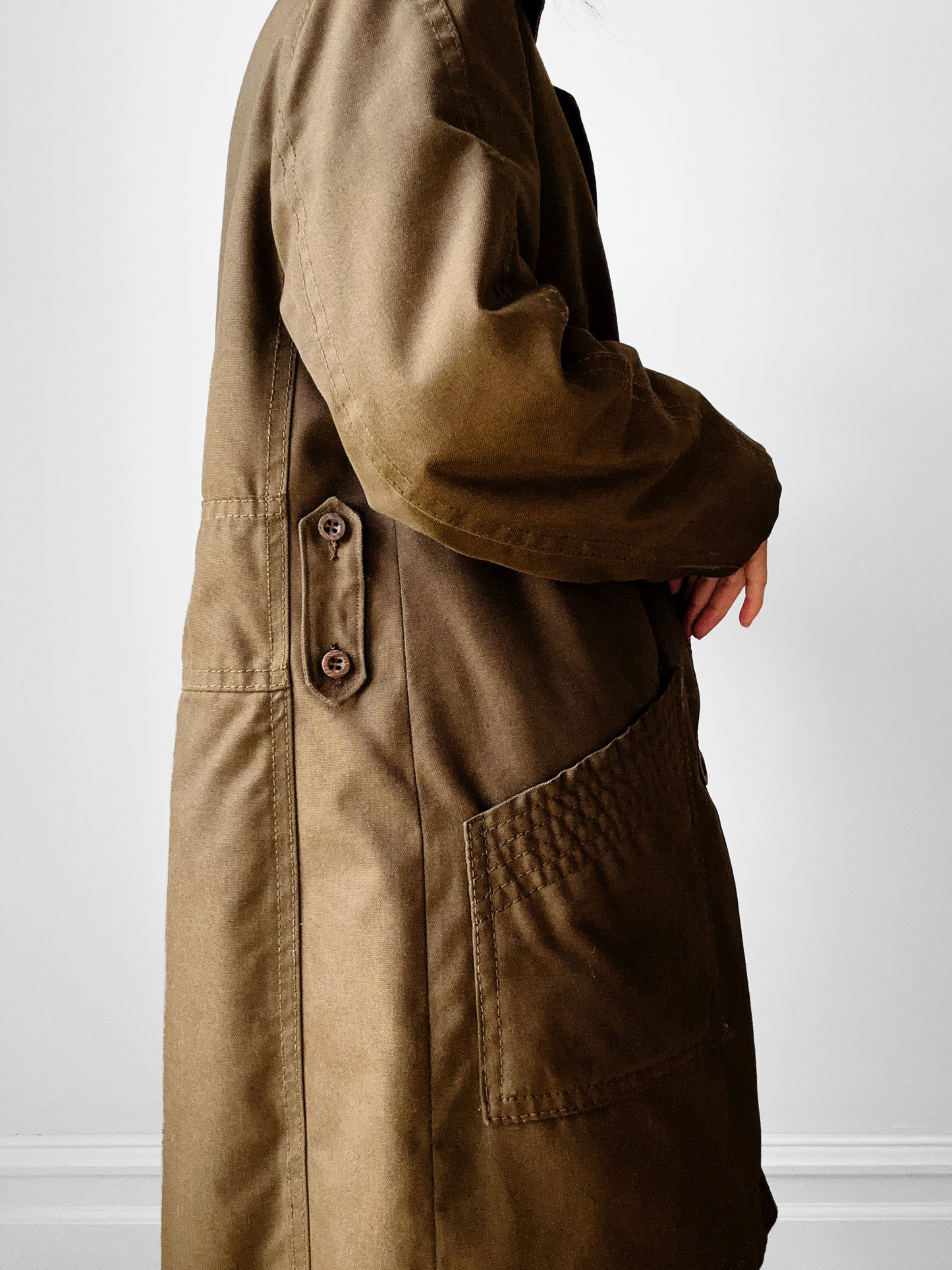 1960s - 1970s Olive Canvas Mighty Mac Gloucester, MA Faux Fur Wood Button Jacket - Sz. S/M