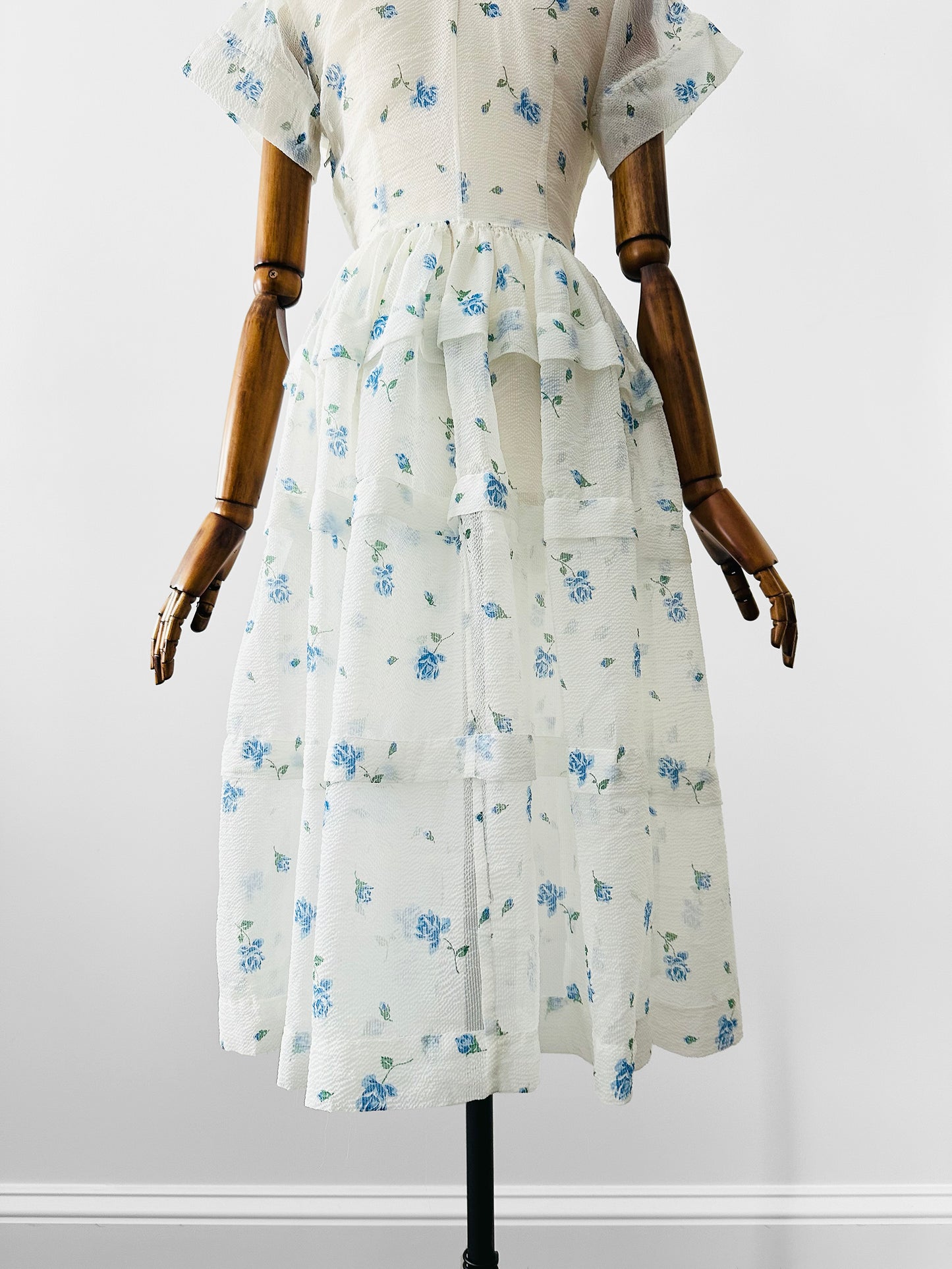 Vintage 1950s - 1960s Handmade White and Blue Sheer Crinoline Floral Tiered Dress - Sz. S