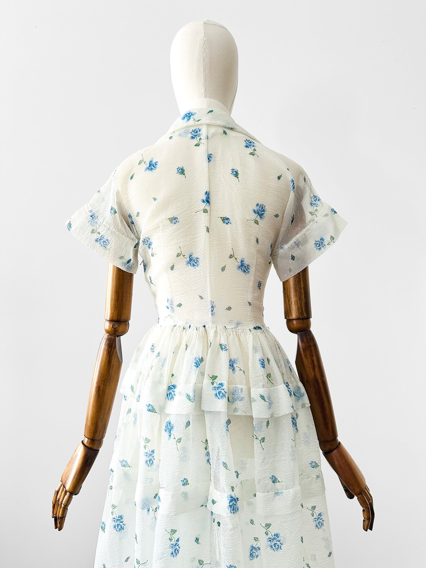 Vintage 1950s - 1960s Handmade White and Blue Sheer Crinoline Floral Tiered Dress - Sz. S