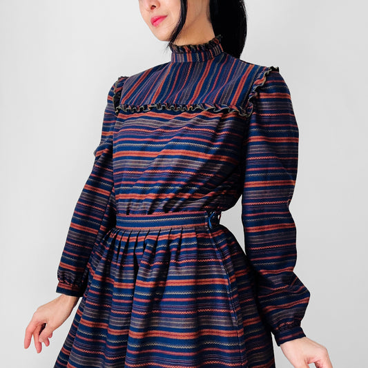 1970s Navy and Orange Stripe Ruffled High-Neck Top and Skirt Set - Sz. XS/S