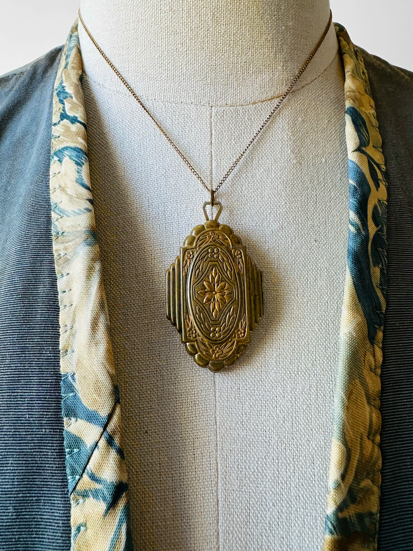 Antique 1920s - 1930s Tarnished Gold-Toned Locket Necklace with Floral Relief