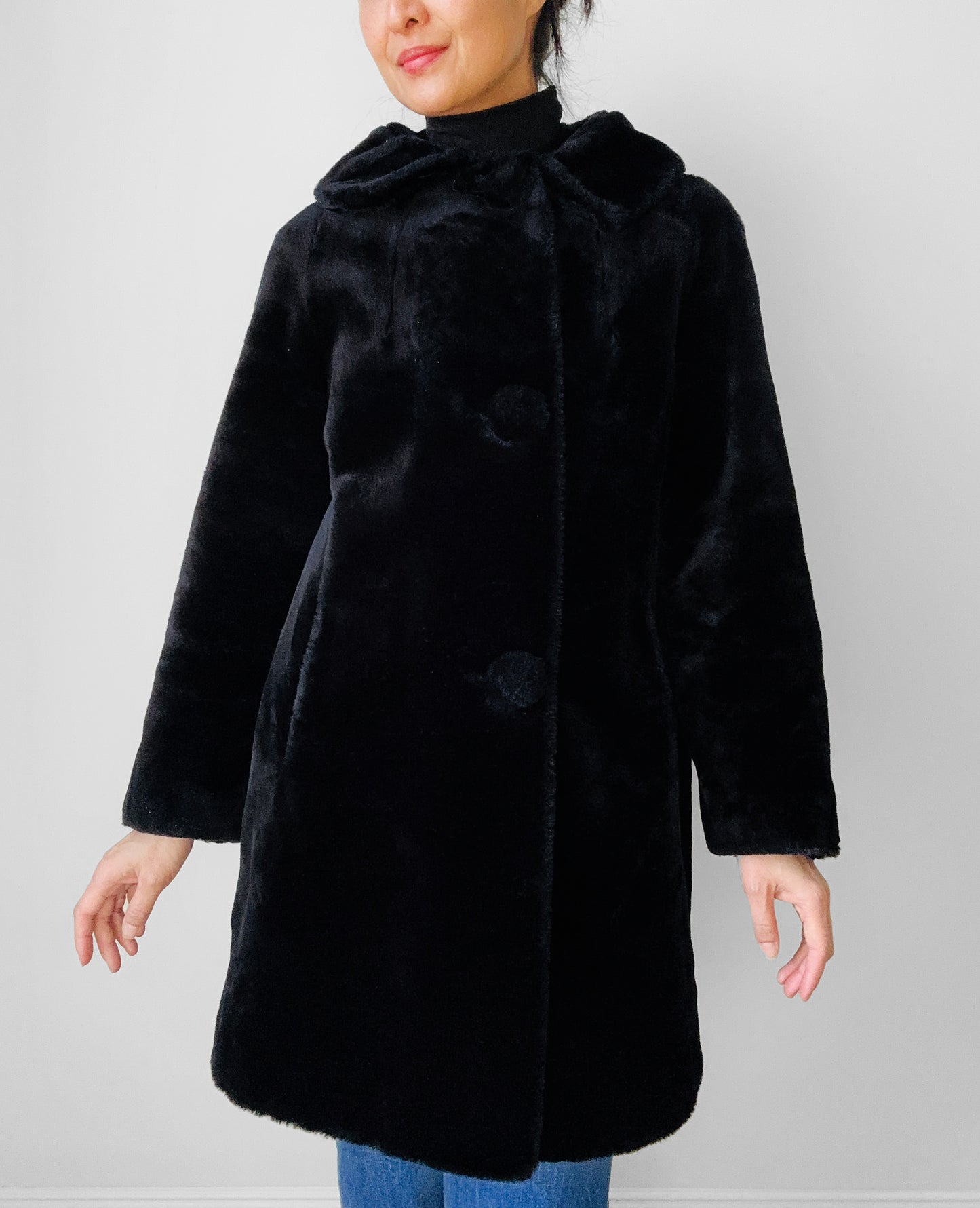 1960s Black Faux Fur A-Line Big Button Bell Sleeve Jacket - Sz. XS / S