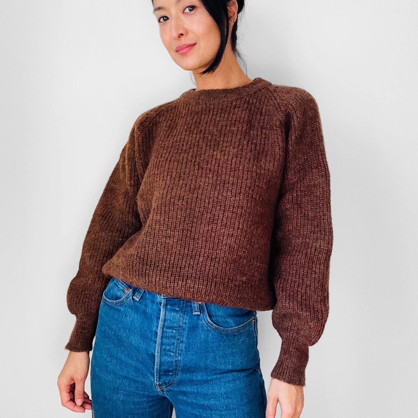 Rust Brown Pure Wool Ribbed Crew Neck Chunky Crop Pullover Sweater - Sz. S