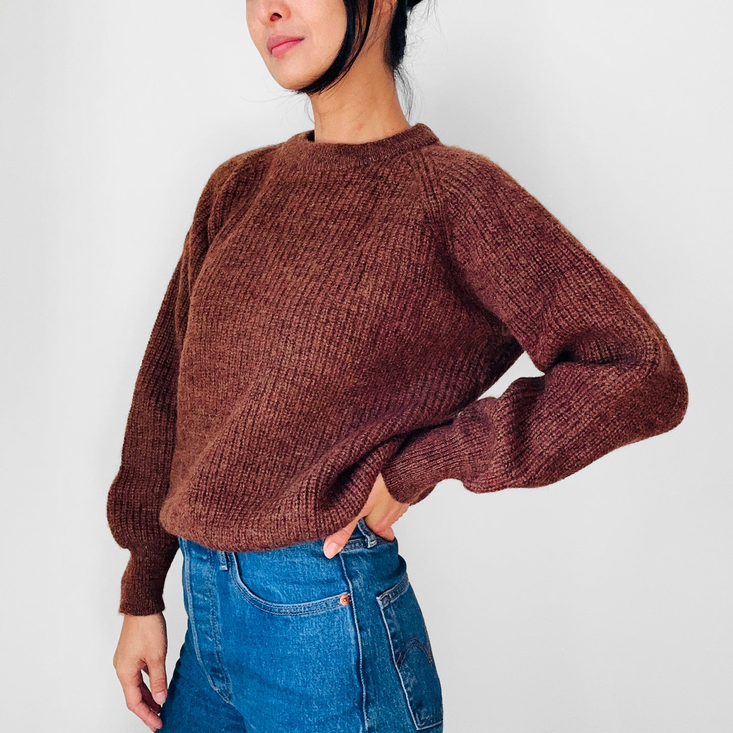 Rust Brown Pure Wool Ribbed Crew Neck Chunky Crop Pullover Sweater - Sz. S