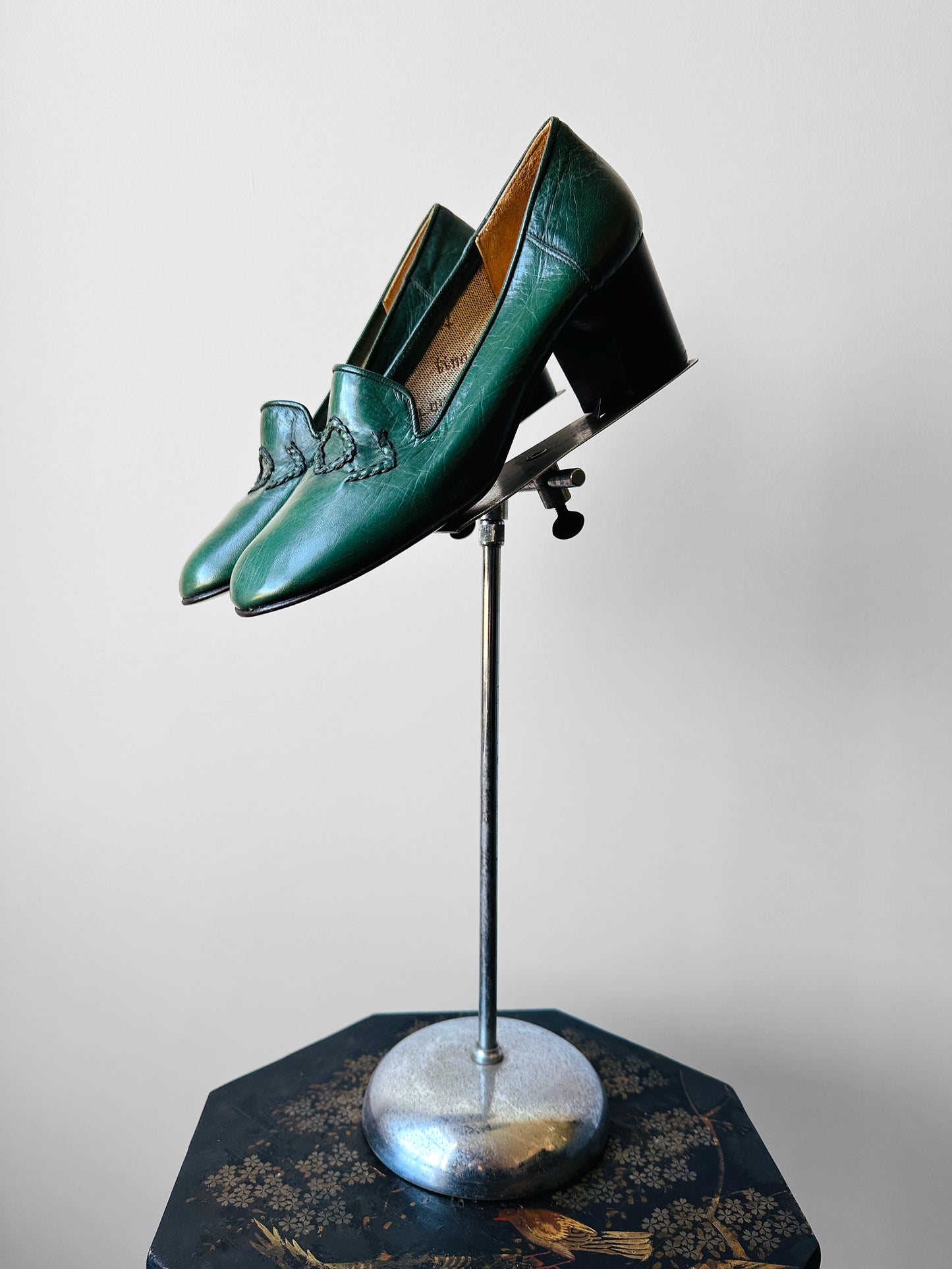 1970s Hunter Green Stitch Detailed Loafer Style Block Heeled Slip-On Shoes - Sz. 37