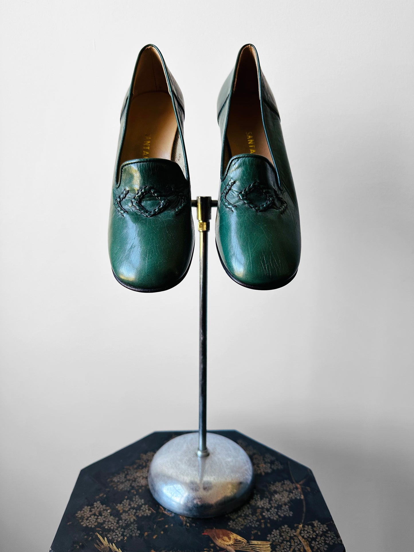 1970s Hunter Green Stitch Detailed Loafer Style Block Heeled Slip-On Shoes - Sz. 37