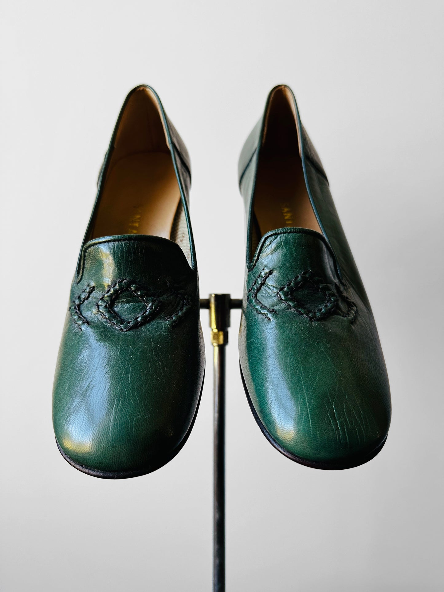 1970s Hunter Green Stitch Detailed Loafer Style Block Heeled Slip-On Shoes - Sz. 37