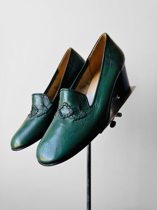 1970s Hunter Green Stitch Detailed Loafer Style Block Heeled Slip-On Shoes - Sz. 37