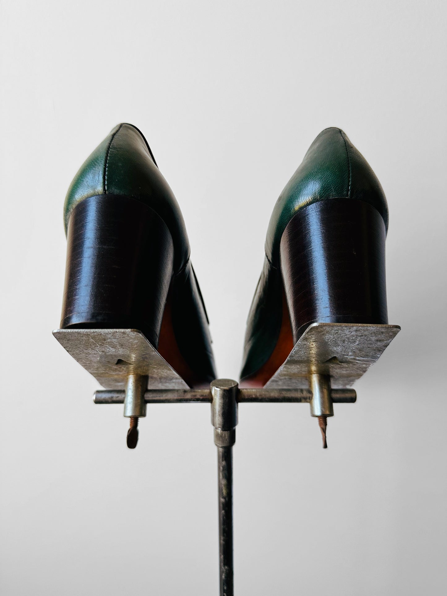 1970s Hunter Green Stitch Detailed Loafer Style Block Heeled Slip-On Shoes - Sz. 37