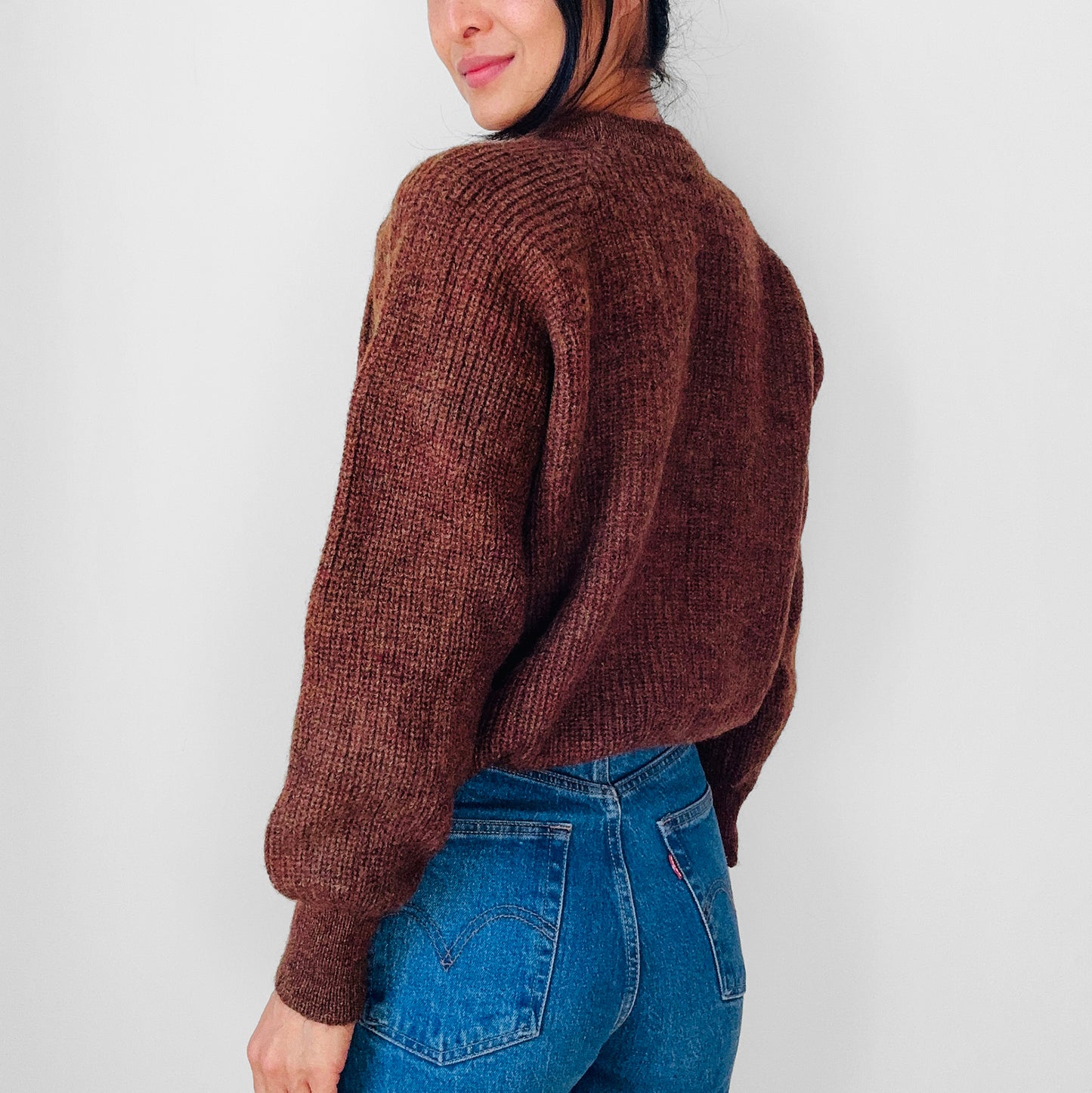 Rust Brown Pure Wool Ribbed Crew Neck Chunky Crop Pullover Sweater - Sz. S