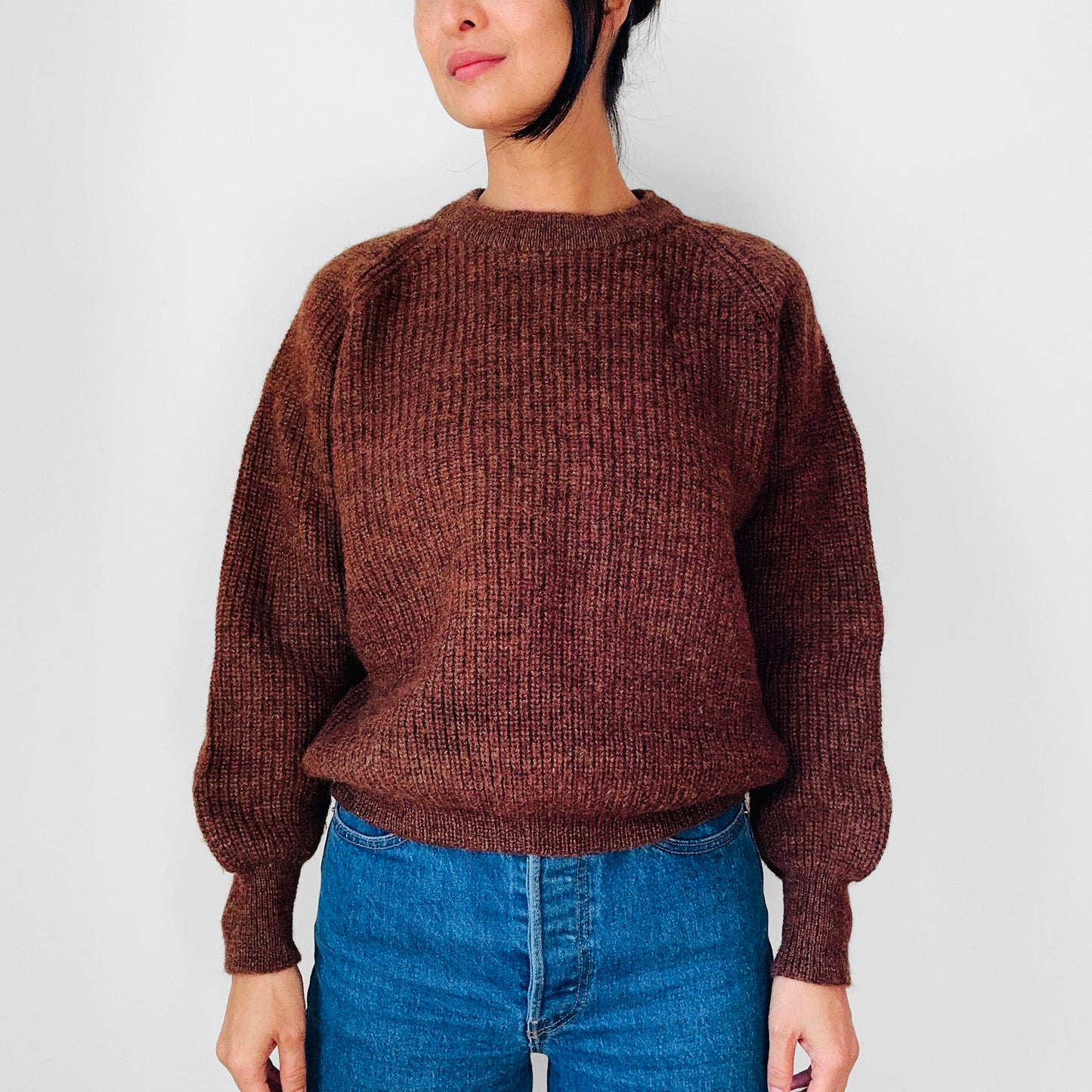 Rust Brown Pure Wool Ribbed Crew Neck Chunky Crop Pullover Sweater - Sz. S