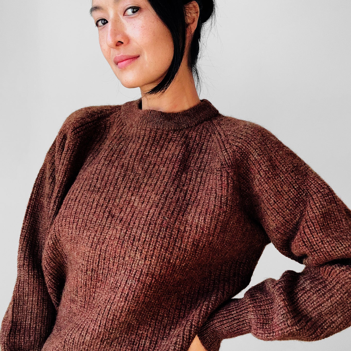 Rust Brown Pure Wool Ribbed Crew Neck Chunky Crop Pullover Sweater - Sz. S