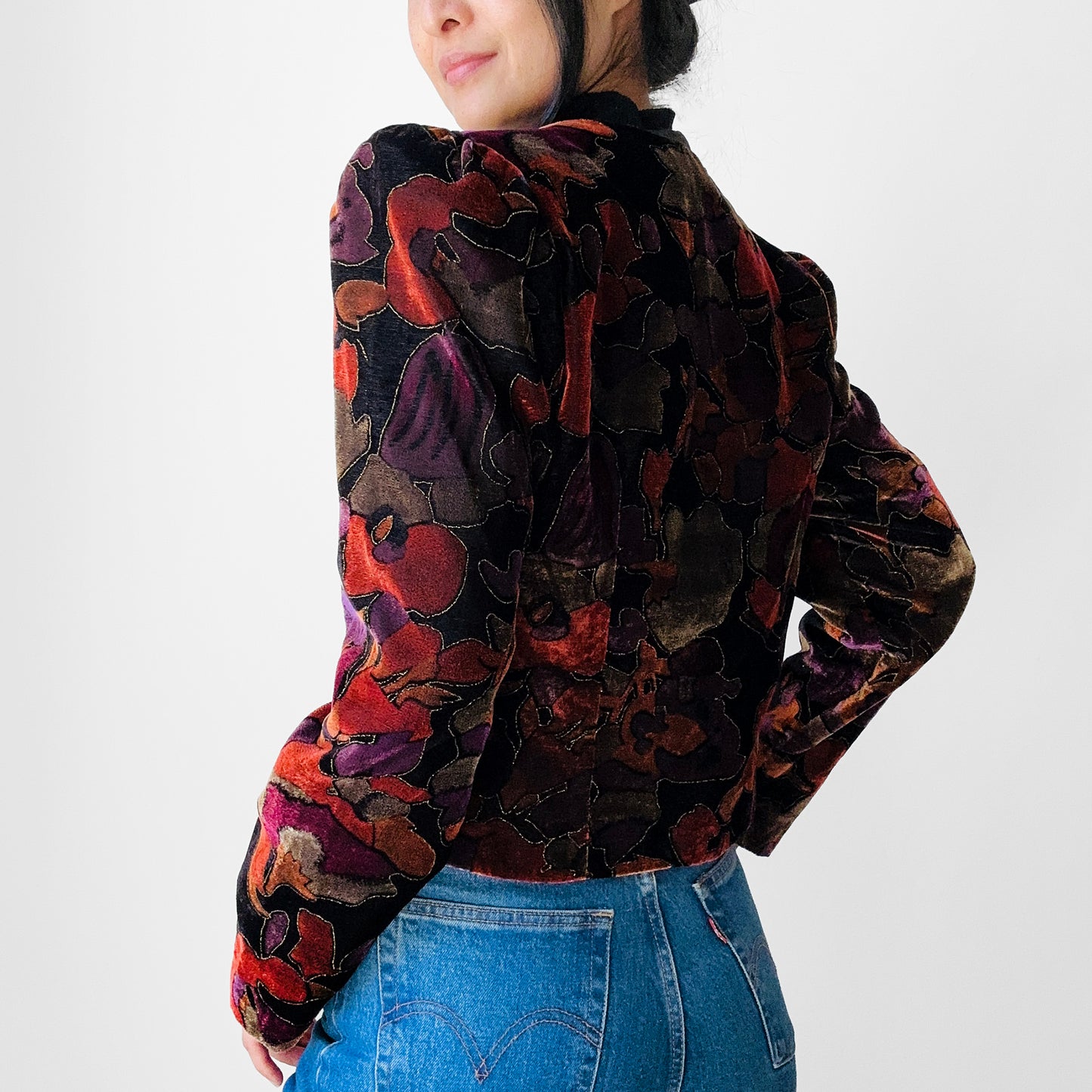 1980s Black Painterly Textured Velour Crop Jacket - Sz. S/M