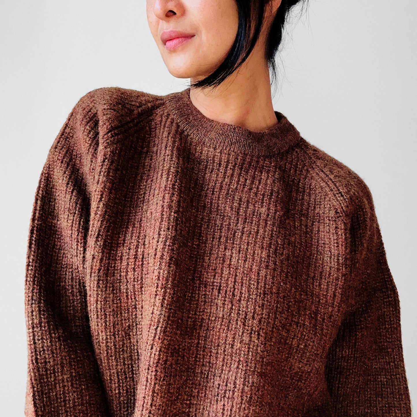 Rust Brown Pure Wool Ribbed Crew Neck Chunky Crop Pullover Sweater - Sz. S