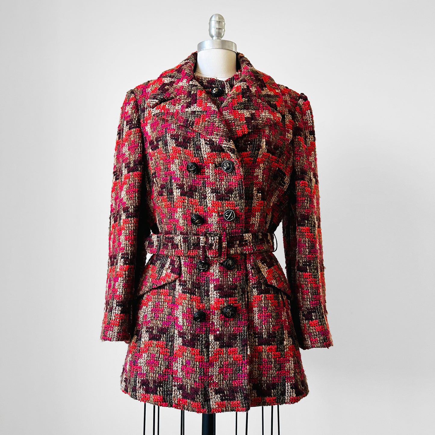 1960s Red Fuschia Plaid Wool Belted Bibbed Jacket - Sz. Small