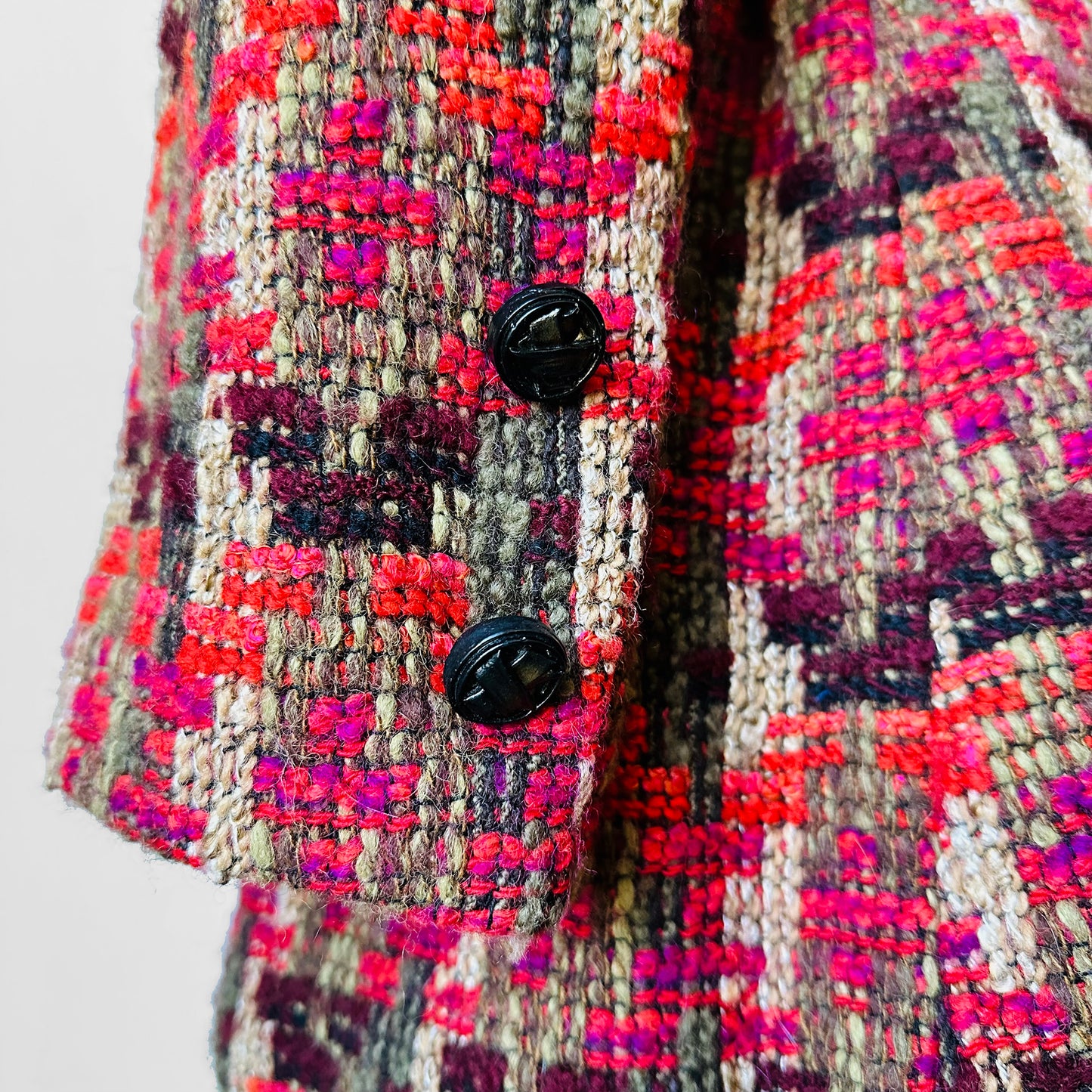 1960s Red Fuschia Plaid Wool Belted Bibbed Jacket - Sz. Small