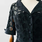 Vintage 1960s - 1970s Black Floral Button Front Collared Cotton Eyelet Shirtwaist Dress - Sz.S
