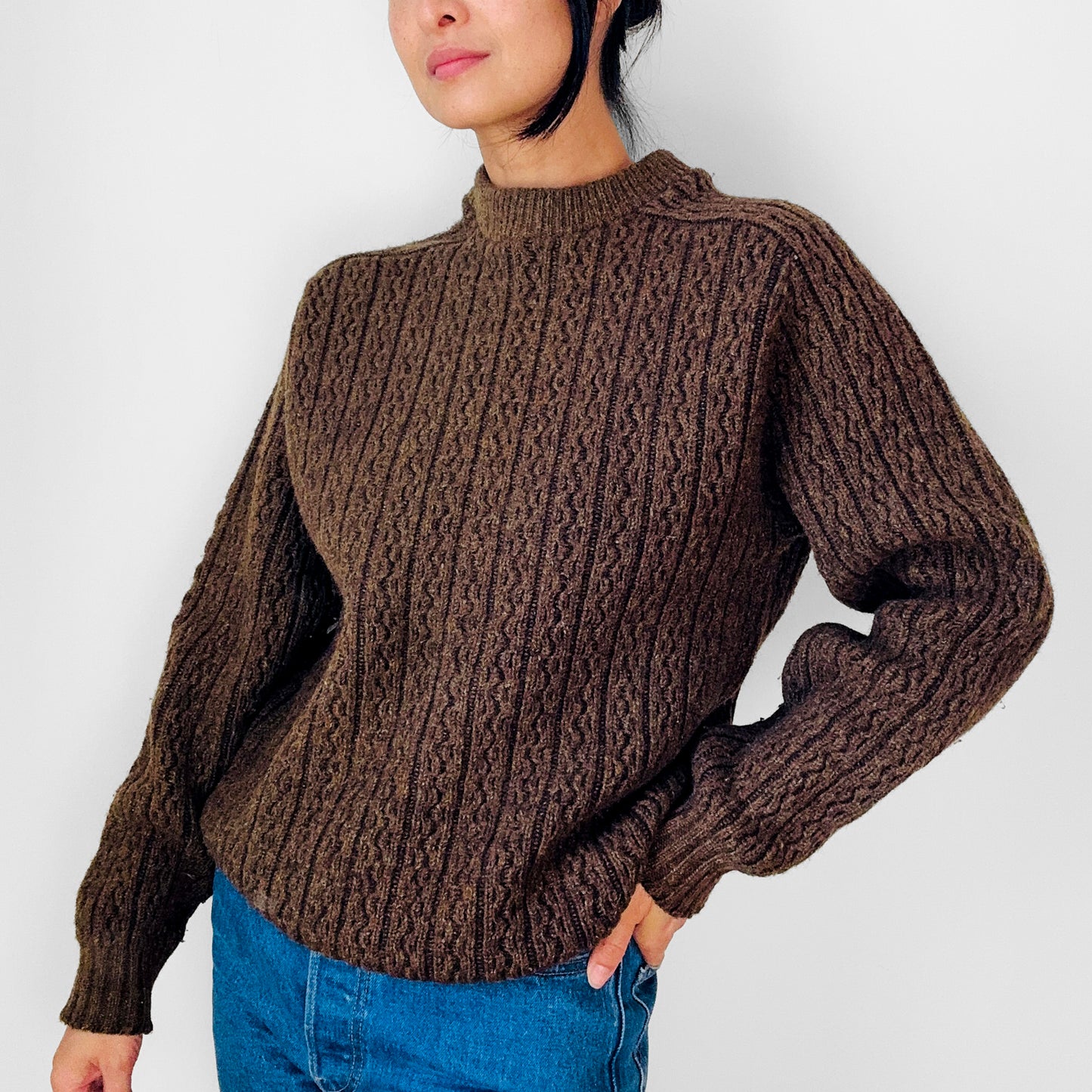 Whiskey Brown Wool Ribbed Crew Neck Chunky Crop Pullover Sweater - S/M