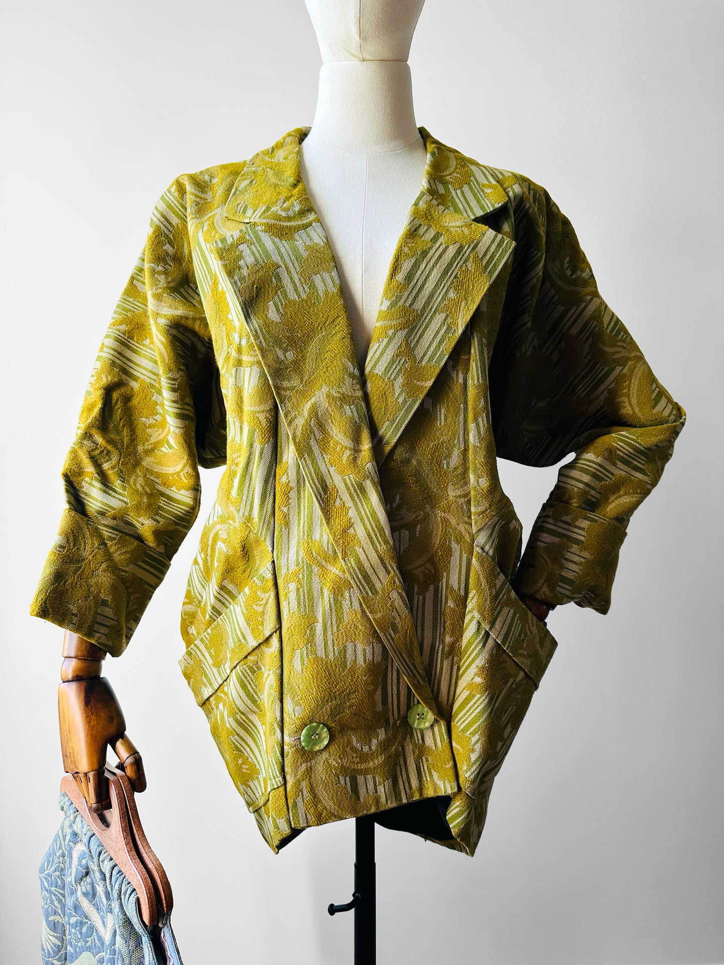 1970s - 1980s Jim Pope Toronto Designer Chartreuse Textured Double Button Jacket - S/M