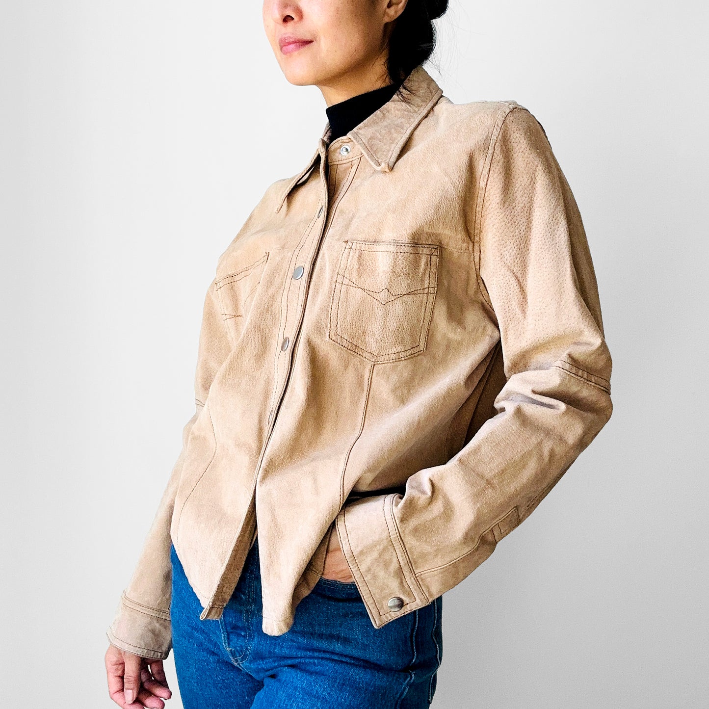 1990s Tan Suede Leather Snap Button Collared Shirt - Sz. Sm