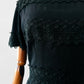 Vintage 1960s Black-Short Sleeve Knee-Length Floral Applique Zip-Back Dress - Sz. S/M