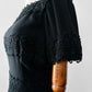 Vintage 1960s Black-Short Sleeve Knee-Length Floral Applique Zip-Back Dress - Sz. S/M