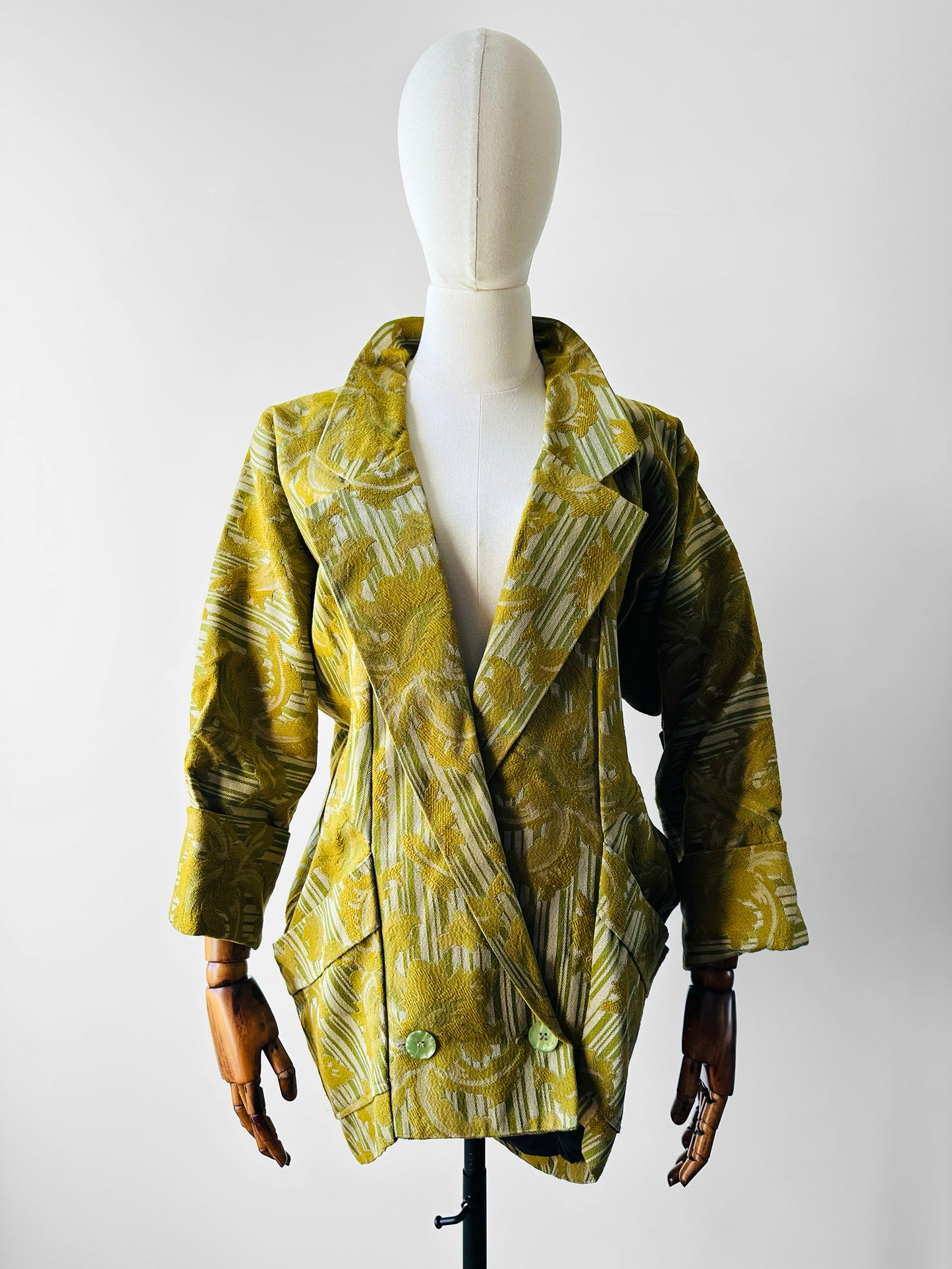 1970s - 1980s Jim Pope Toronto Designer Chartreuse Textured Double Button Jacket - S/M