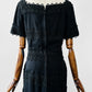 Vintage 1960s Black-Short Sleeve Knee-Length Floral Applique Zip-Back Dress - Sz. S/M