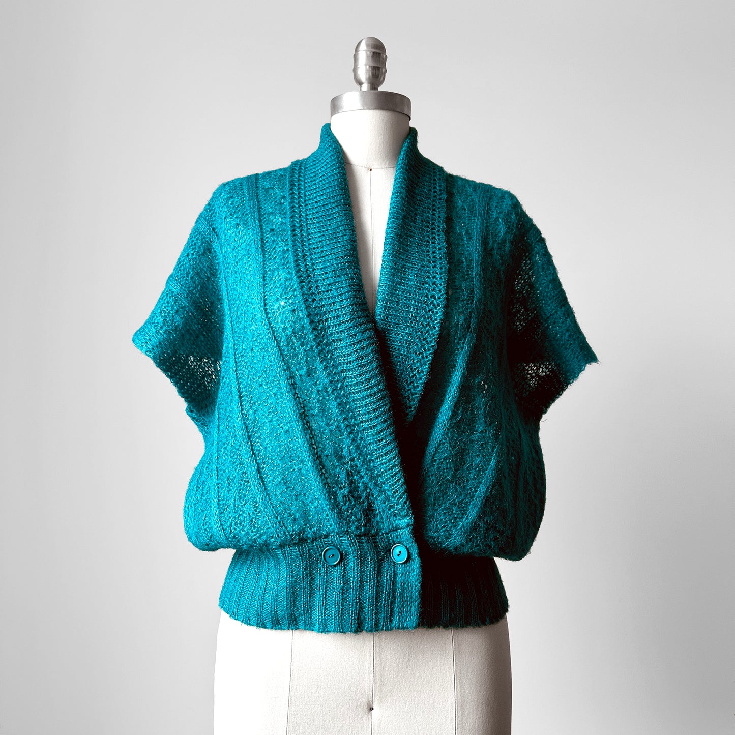 1980s Tealy Turquoise Kimono Style Delicate Knit Sleeveless Top - Sz. S/M