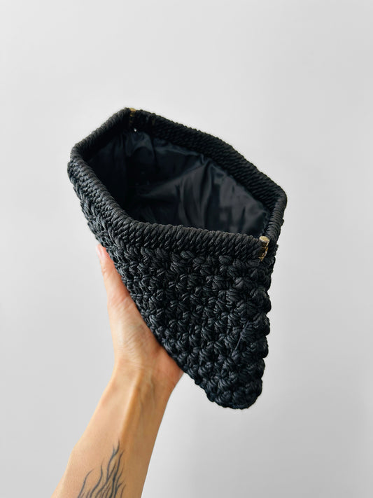 Vintage 1960s Black Knotted Macrame Hinged Metal Framed Clutch Purse